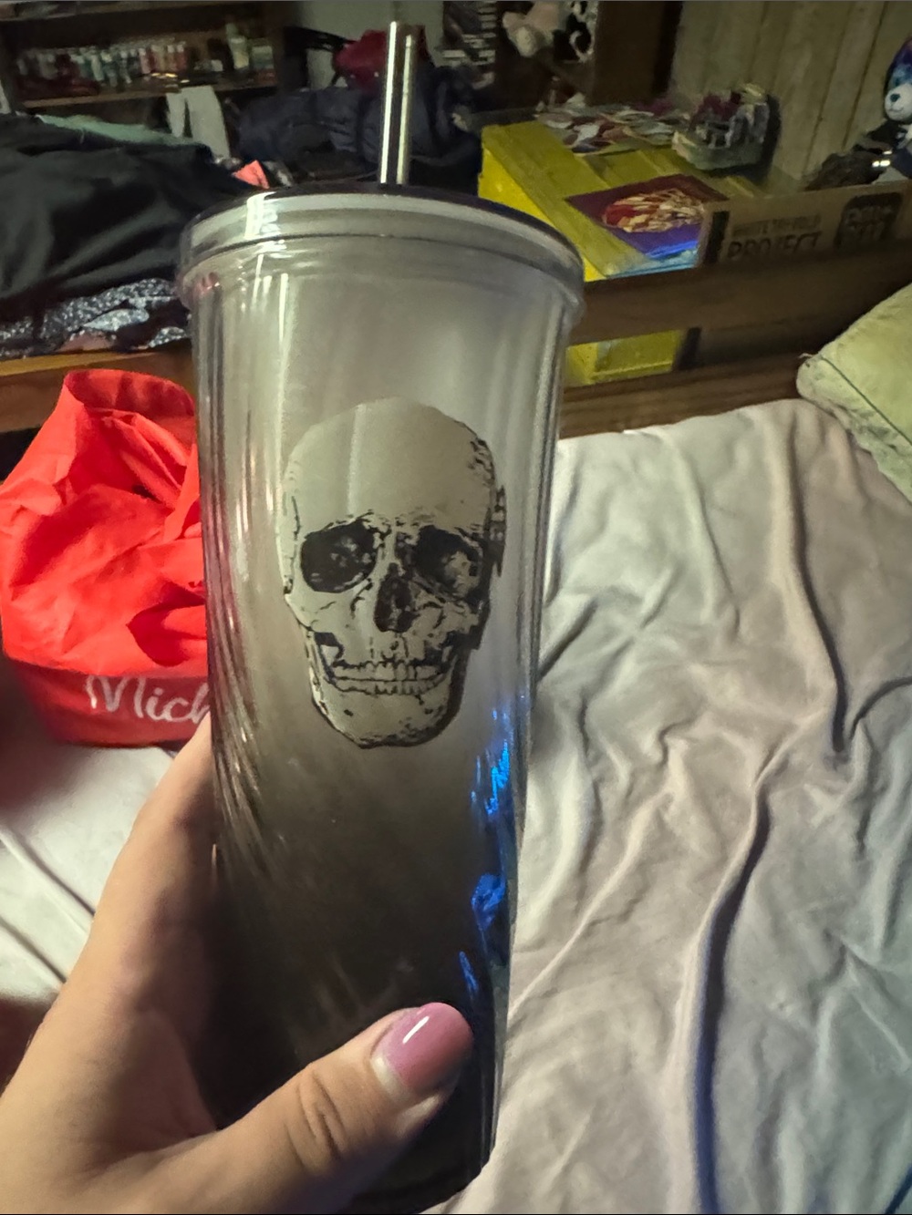 Gray Ombre Skull Tumbler with Straw - Insulated Water Cup